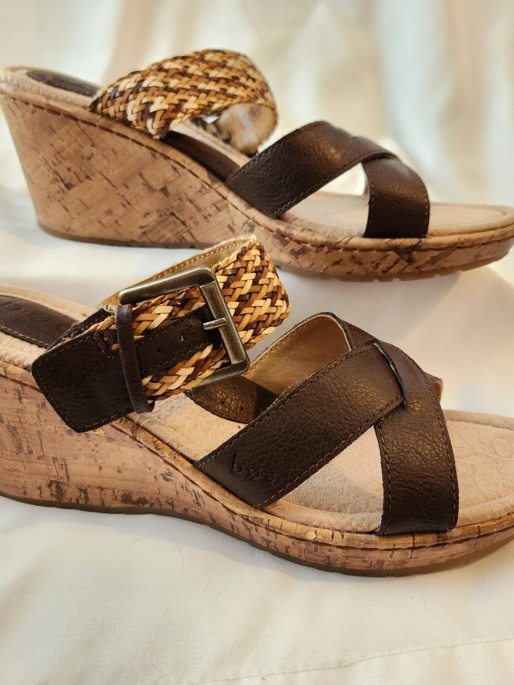 b.o.c. a Born Concept Size 9 Brown Leather Braided Cork Wedges Heel Shoes Sandal - Picture 13 of 13
